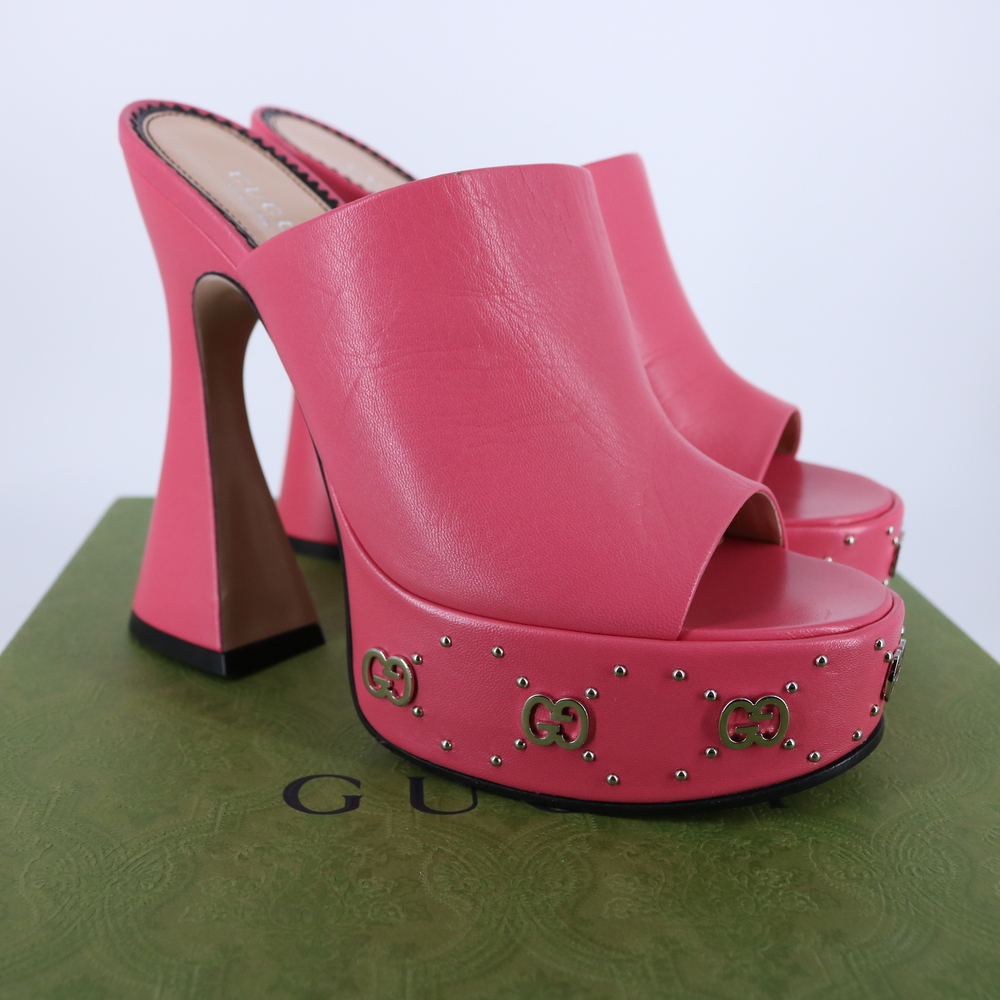 Gucci  37.5 Janaya Logo Studded pink GG Platform Heels Mules E800